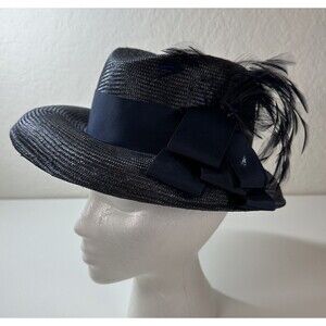 Fleur De Paris Straw Navy Blue Fedora Hat In Original Box Feather Derby Church